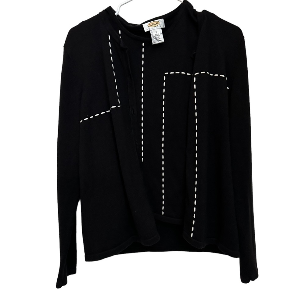 Talbots petites sweater + top cardigan combo black white embroidery womens Small